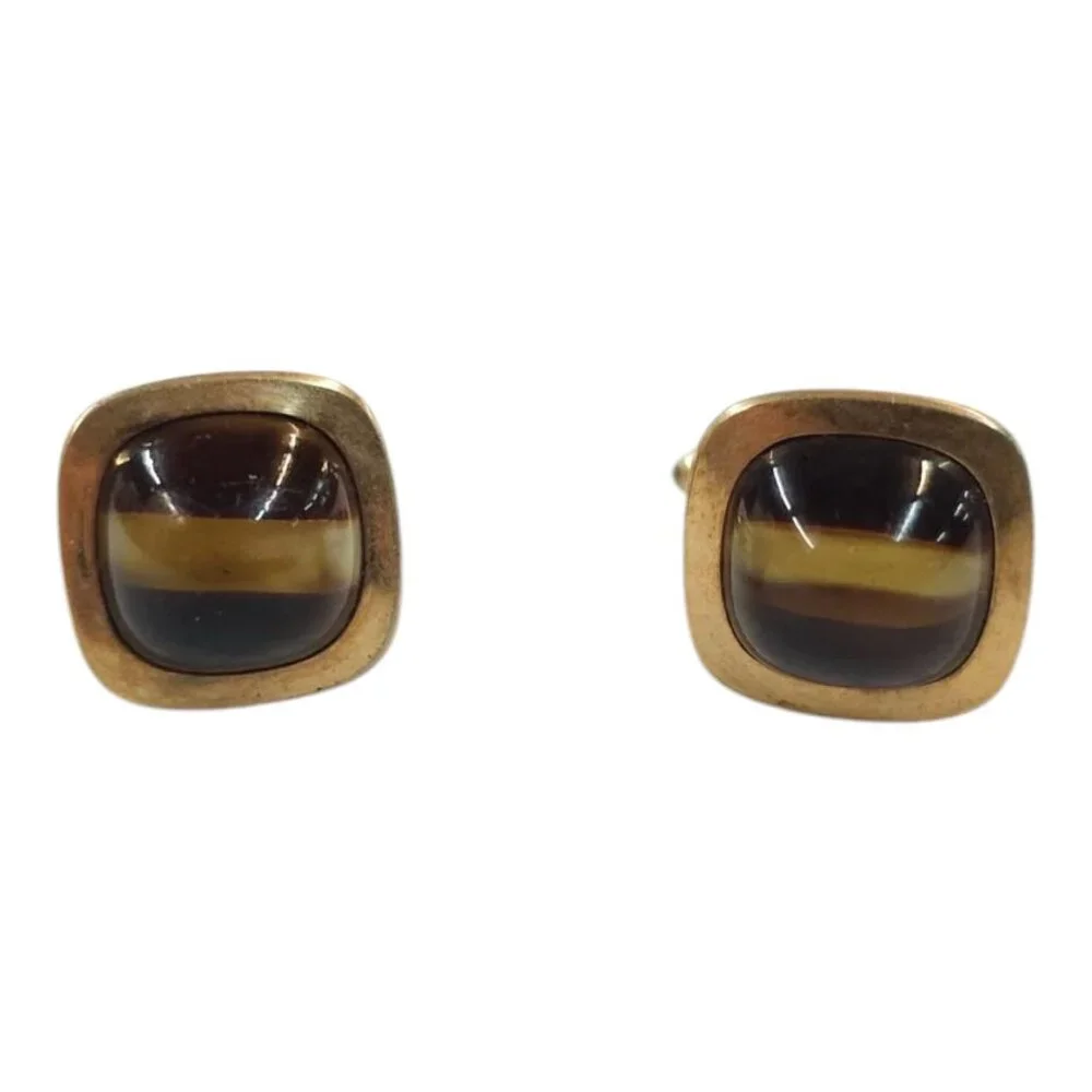 Correct Quality Tigers Eye Cufflinks Brown Yellow Vintage Gold Tone MCM Jewelry